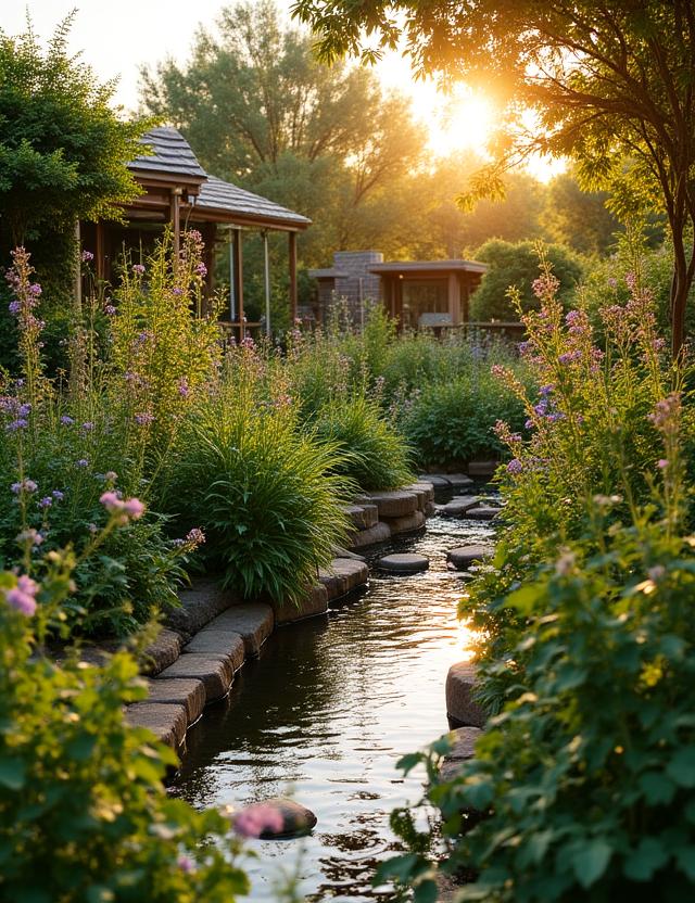 Moderner wassersparender Garten mit Permakultur-Elementen