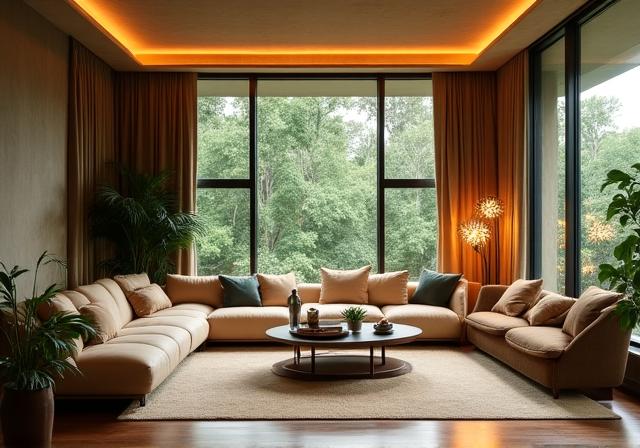 Stimmungsvolle, warmweiße Innenbeleuchtung in einem modernen, nachhaltig gestalteten Wohnzimmer