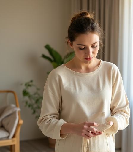 Interior Designerin in einem hellen, ökologisch gestalteten Wohnraum